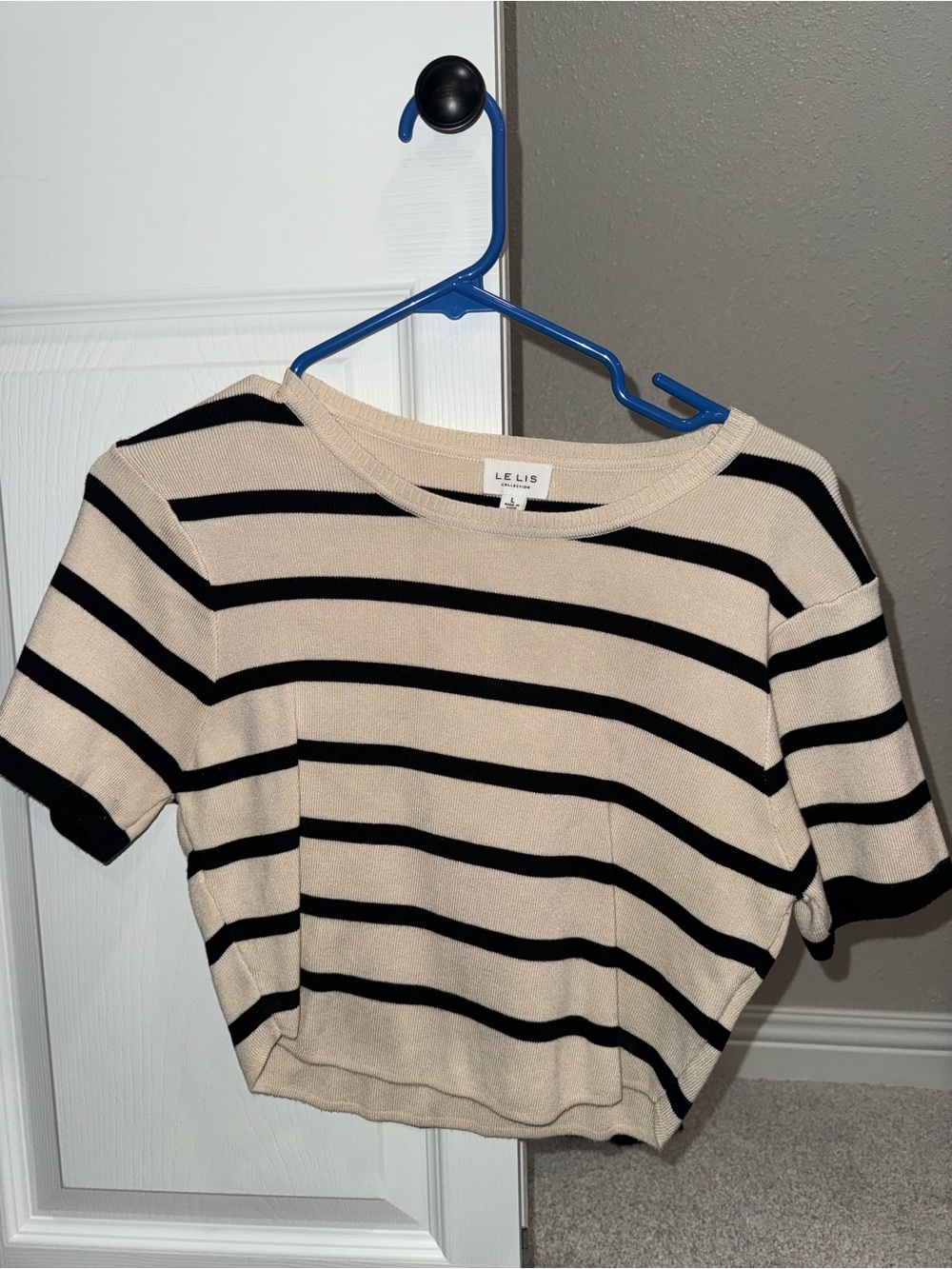 Le Lis Cream and Black Striped Knit Crop Tshirt - Picture 1 of 2